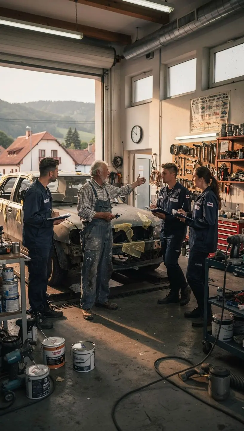 Proces obnovy poškodeného vozidla vrátane výmeny dielov a retuší pútavým spôsobom v autoservise.