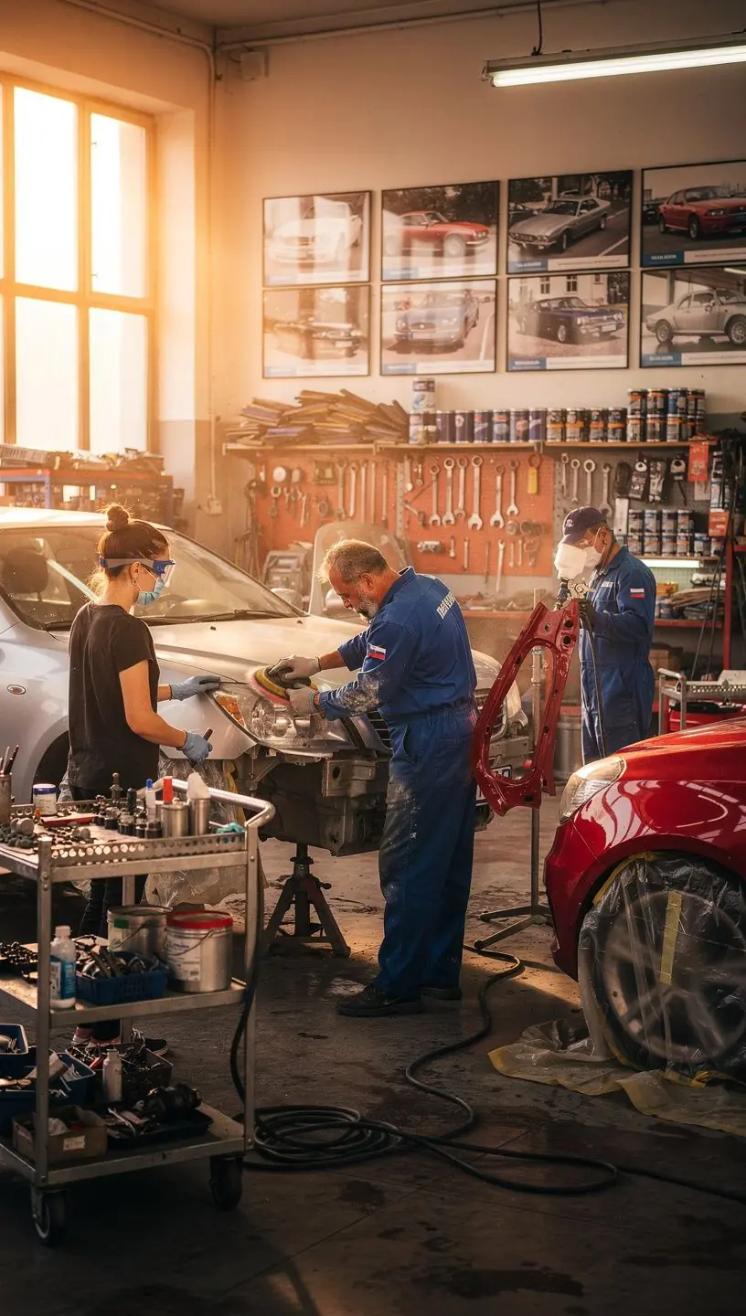 Detailné zobrazenie špeciálneho náradia používaného na vyrovnávanie karosérie v autoservise.